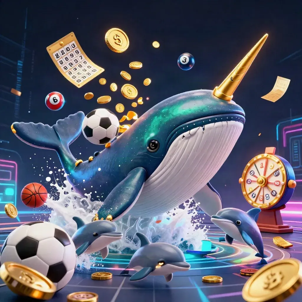 Whale captain, narwhal, dolphins, casino chips, lottery balls, and sports icons in neon casino light