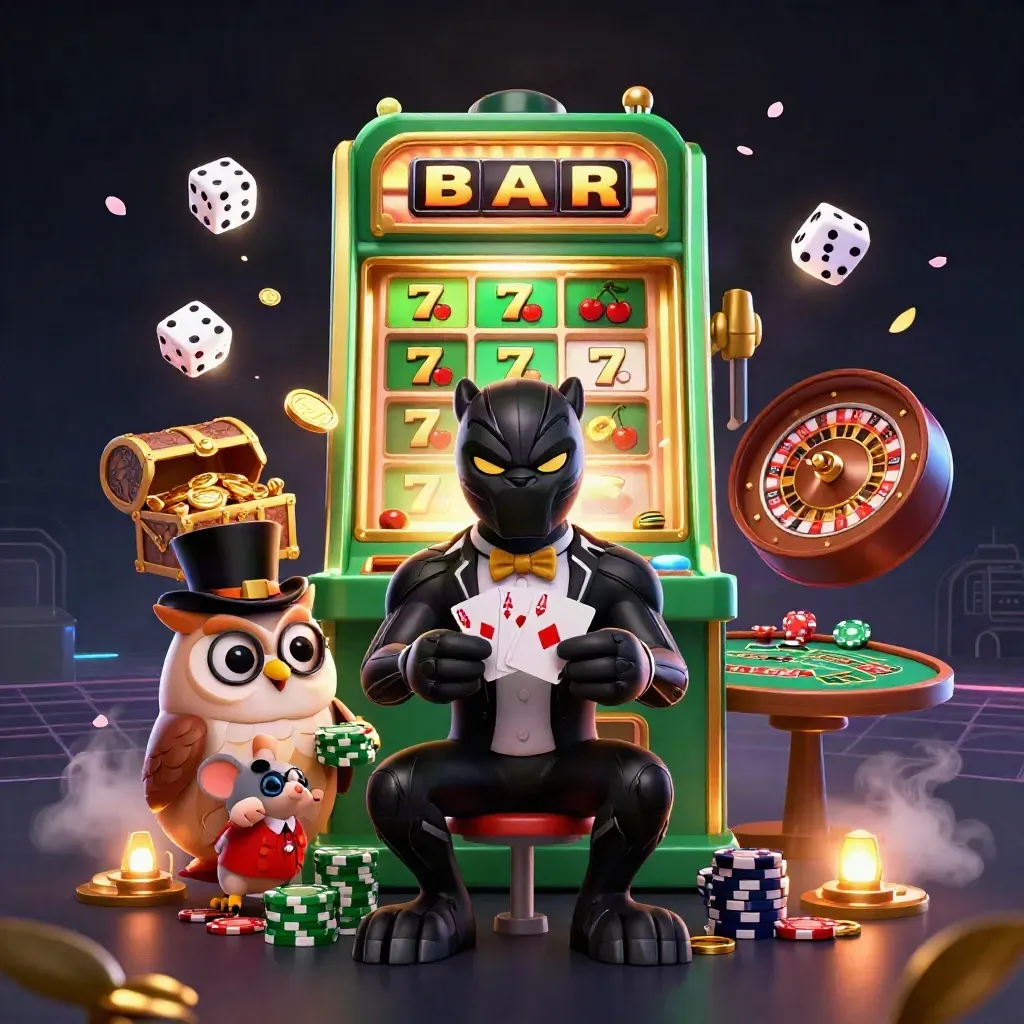 Panther, owl, and mouse amid a glowing casino burst of treasure, cards, and jackpot light.