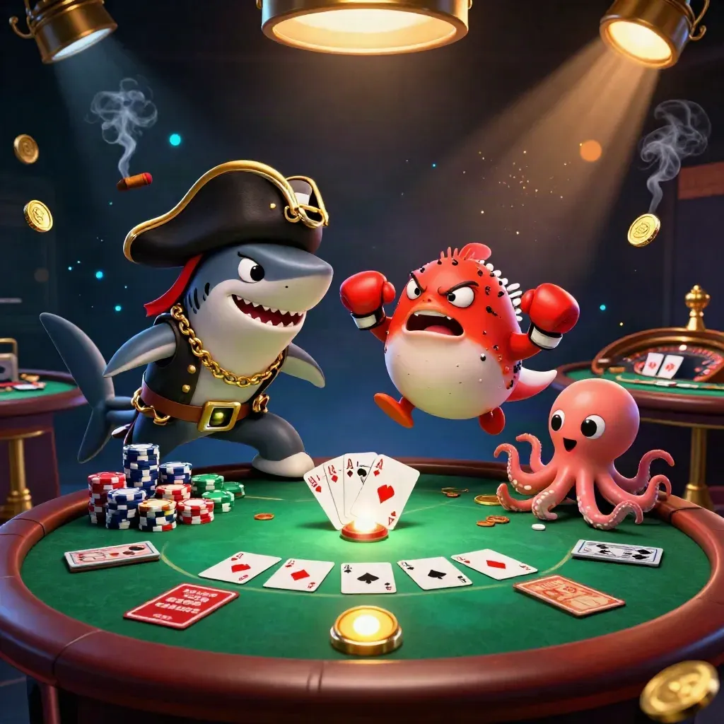 Shark pirate, boxing pufferfish, and juggling octopus amid casino lights and chips.