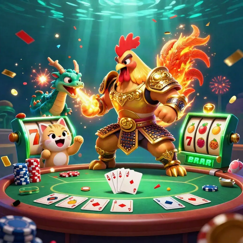 Rooster warrior, dragon hatchling and fortune-cat amid casino action and treasure bursts.