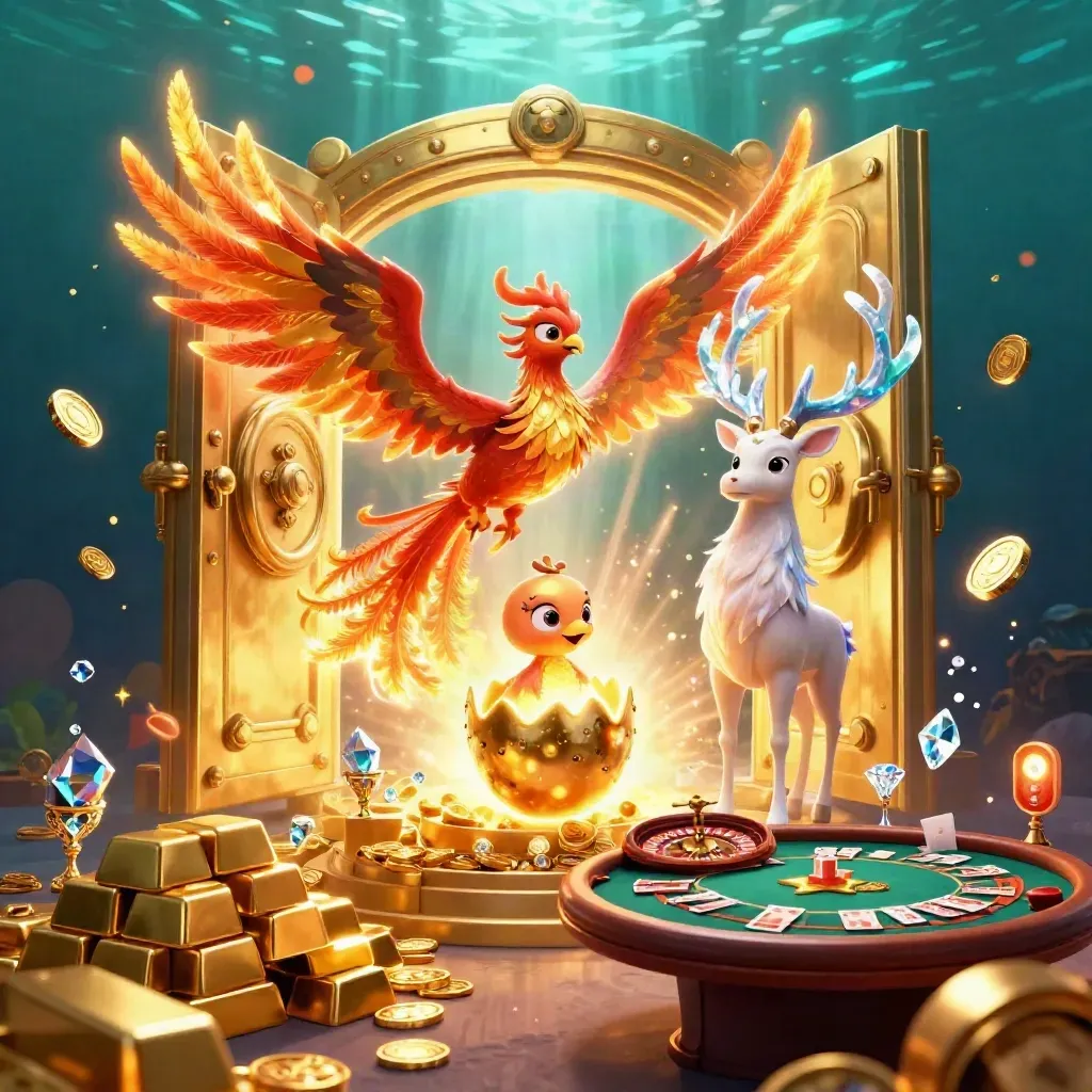 Phoenix, baby phoenix, and crystal-antlered stag burst from a vault amid casino gold and cards.