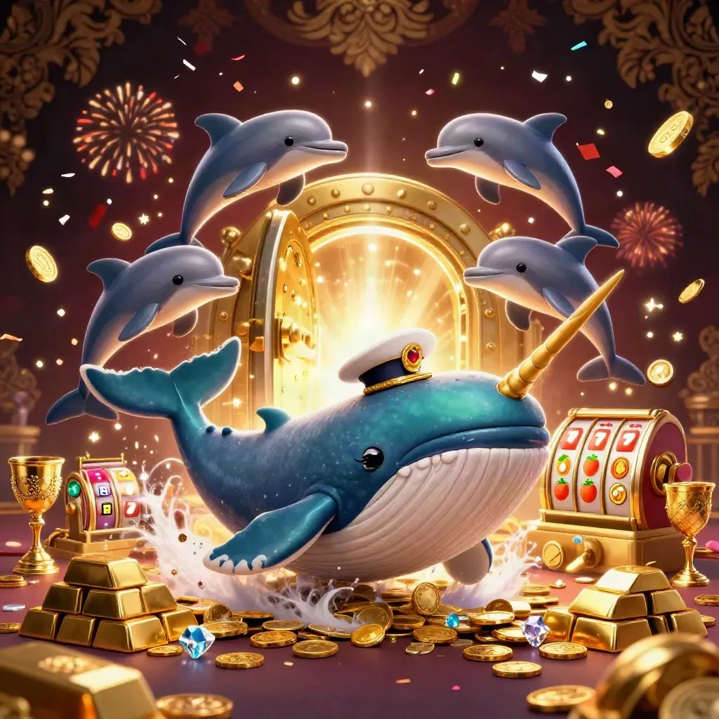 Whale captain, narwhal and dolphins burst through coins with vault light, casino gems and reels