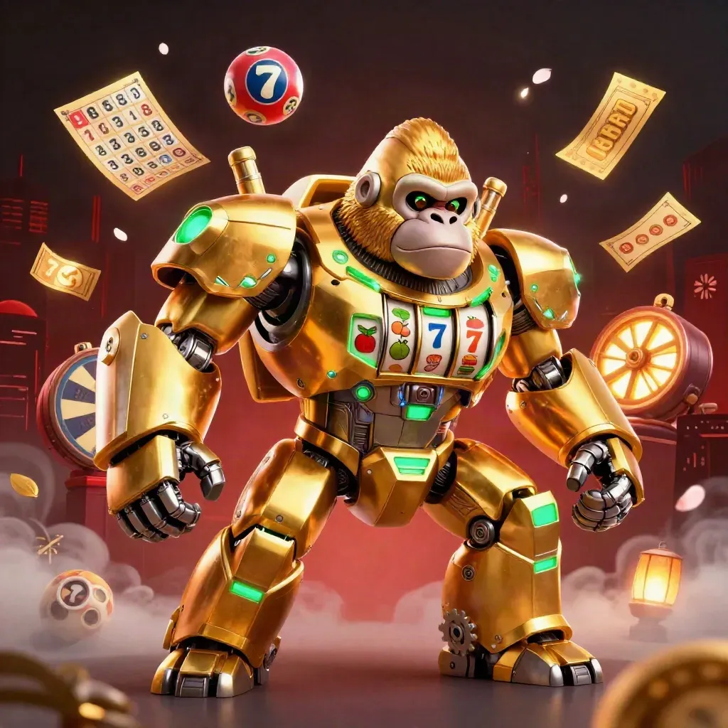 Golden gorilla mech with monkey pilot, slot reels, bingo card, prize wheel, and flying confetti.